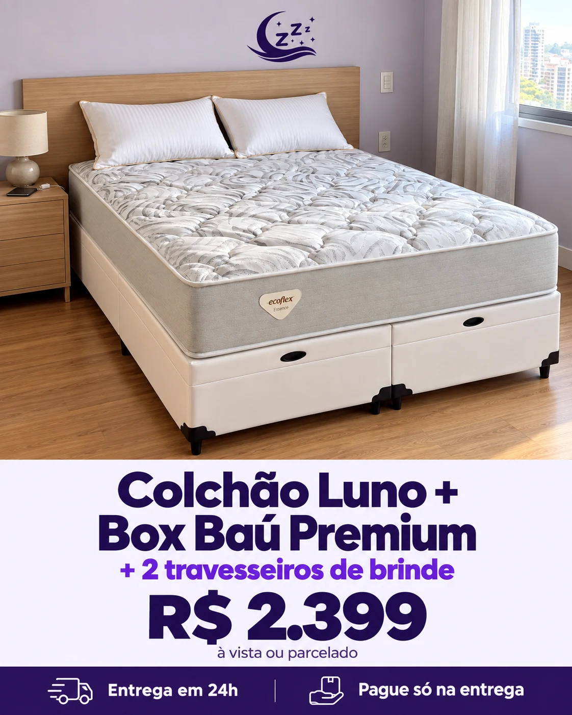 Colchão Luno + Box Baú Premium + 2 travesseiros de brinde por R$ 2.399. Entrega em 24h, pague só na entrega.